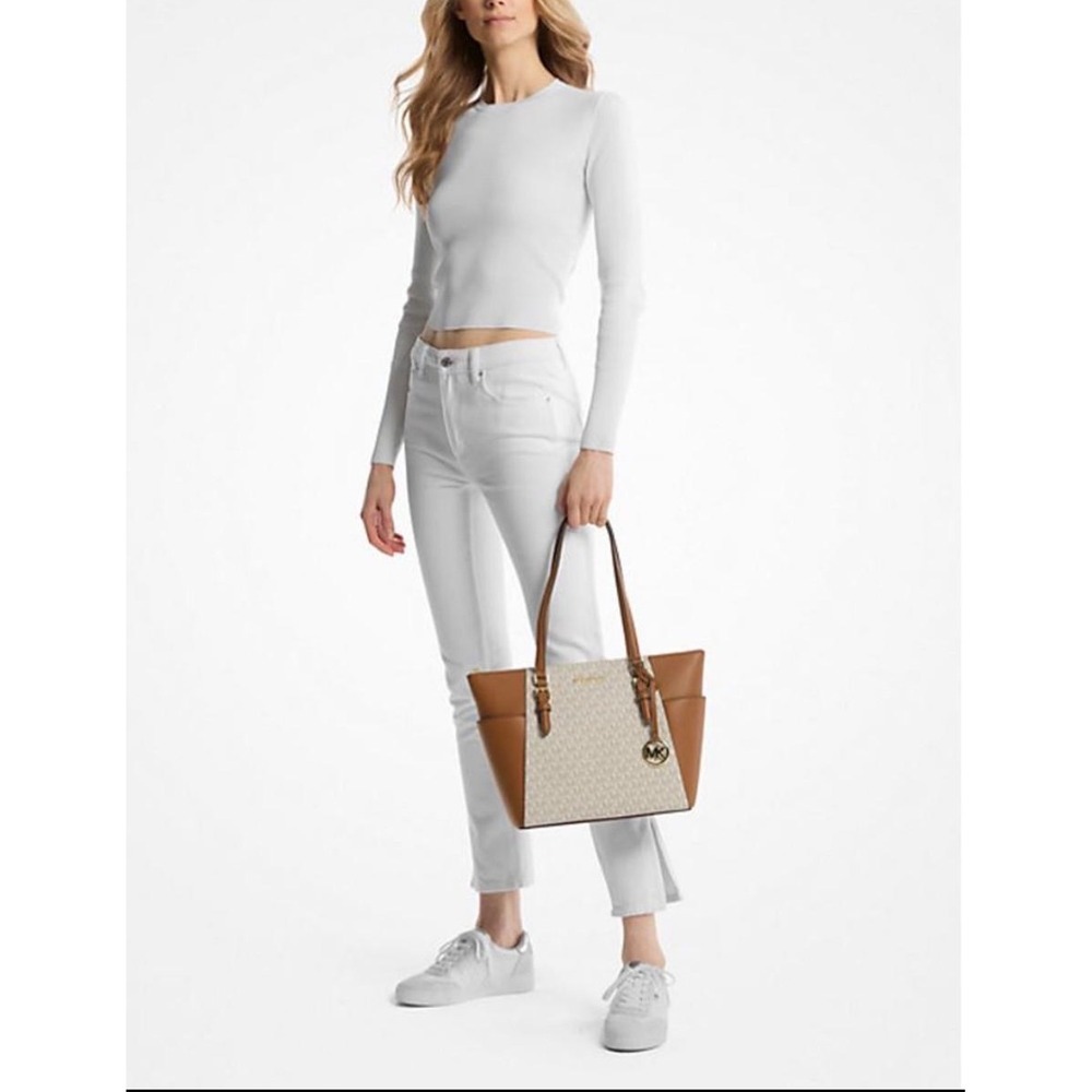 Michael Kors Charlotte Large Top Zip Tote Bag Vanilla Acorn Signature 35T0GCFT3B